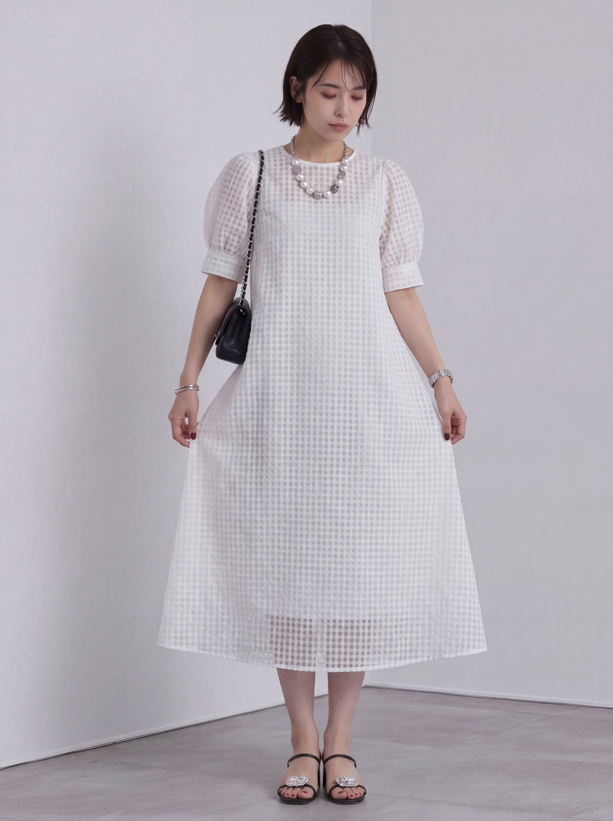立体チェックテクスチャー パフスリーブ Iライン ロングワンピース