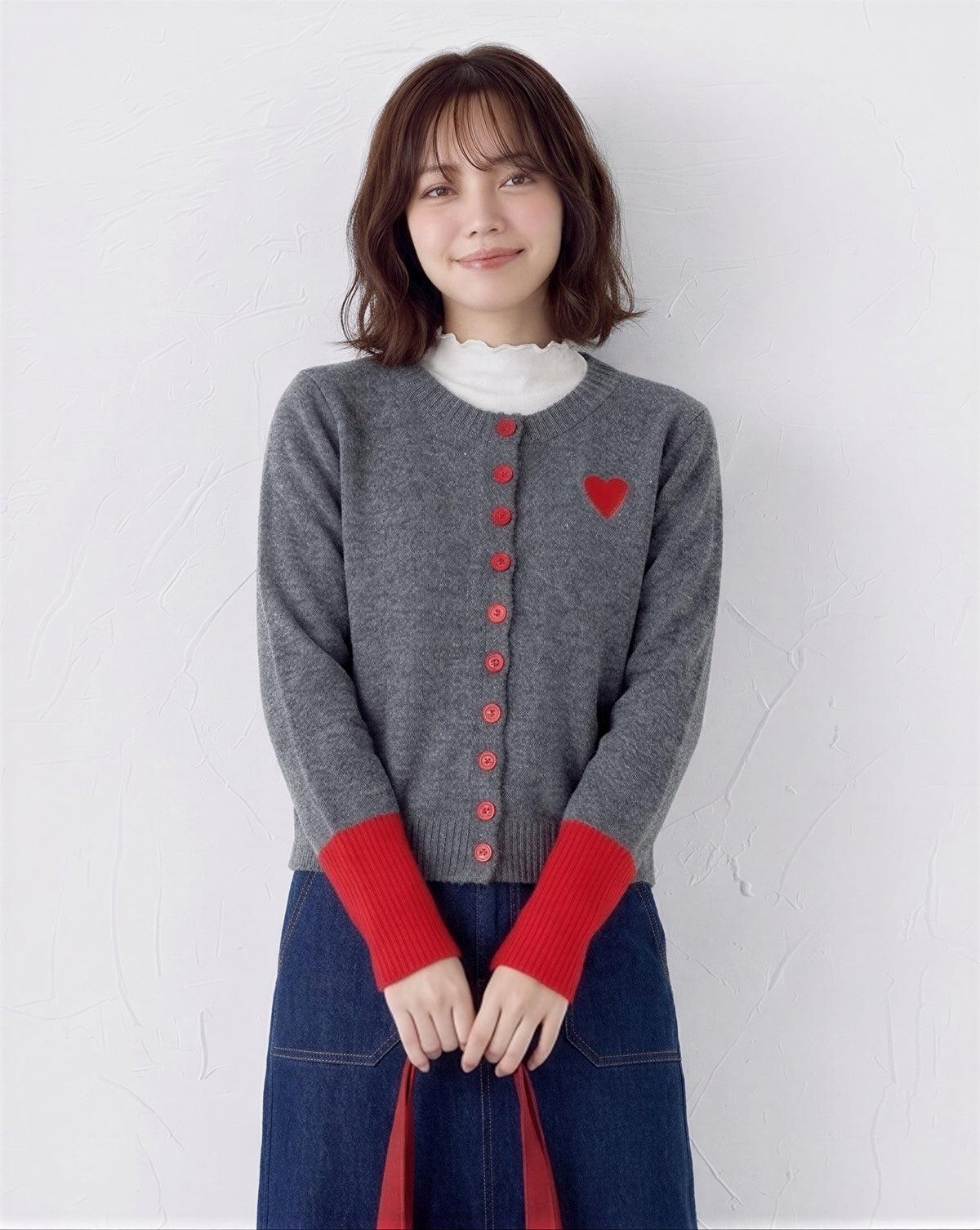 配色リブ ハート刺繍 ニットカーディガン