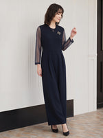 【秋新作】【全2色】S~2XL シアーメッシュスリーブ切り替えワイドレッグオールインワン