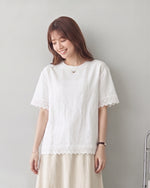 M-2XL カットワークレース ラウンドネック 半袖Tシャツ