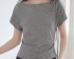 ワンショルダー風リボン付きボーダーTシャツ