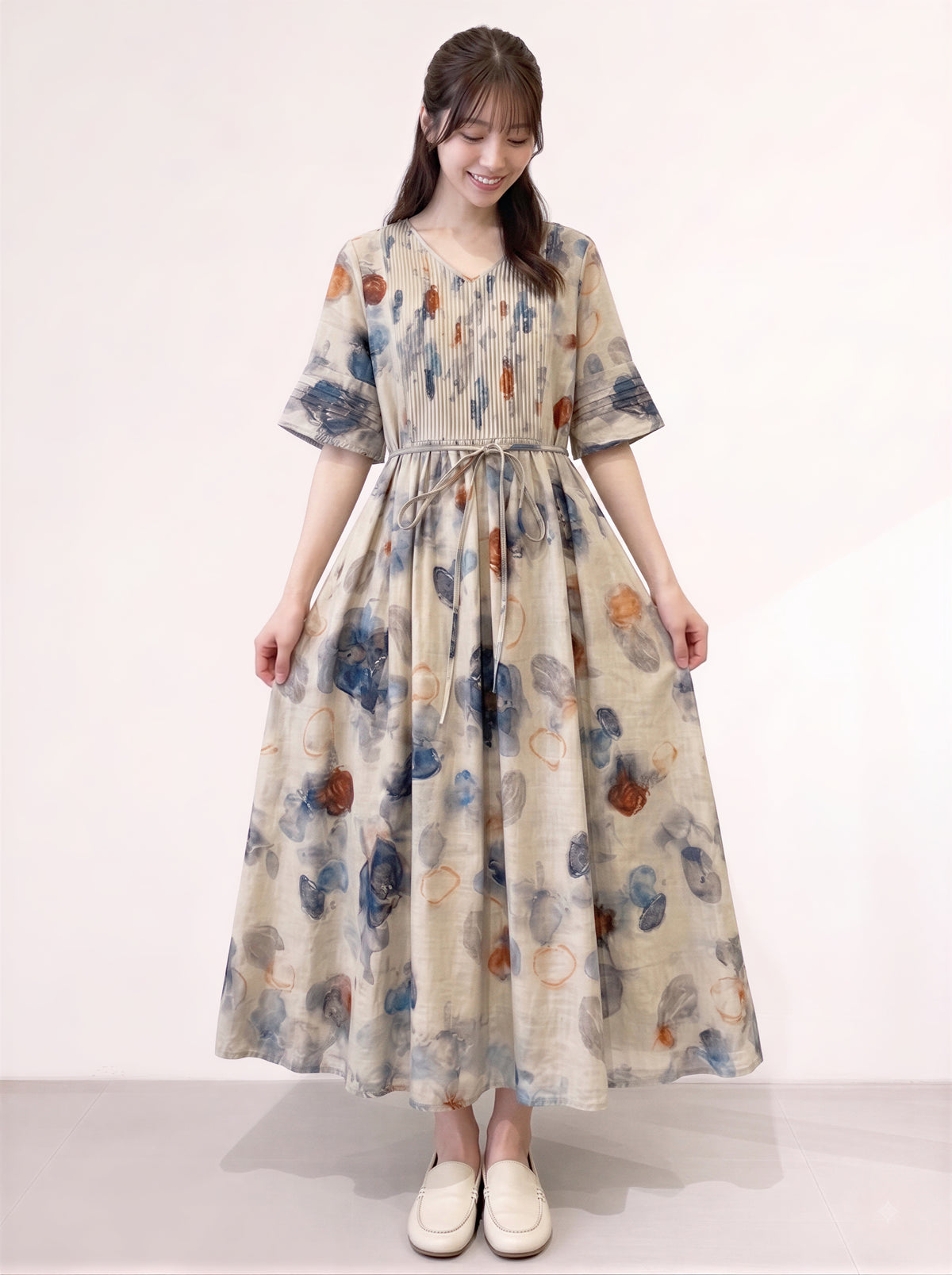 M~2XL ライトベージュ Vネック ウエストリボン 花柄ロングワンピース