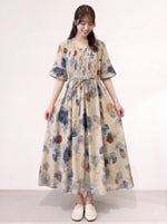 M~2XL ライトベージュ Vネック ウエストリボン 花柄ロングワンピース