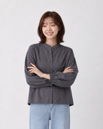 S~XL スタンドカラー ウエストシェイプ バルーンスリーブブラウス