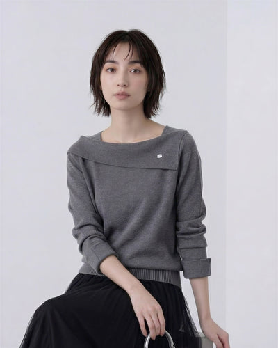 襟付きオフショル風ボートネック ゆったりショート丈ニット-スモークグレー-XL