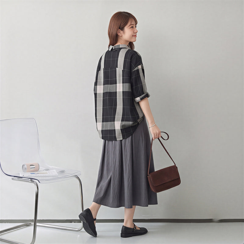 M~2XL ゆったりドロップショルダー大柄チェックシャツ