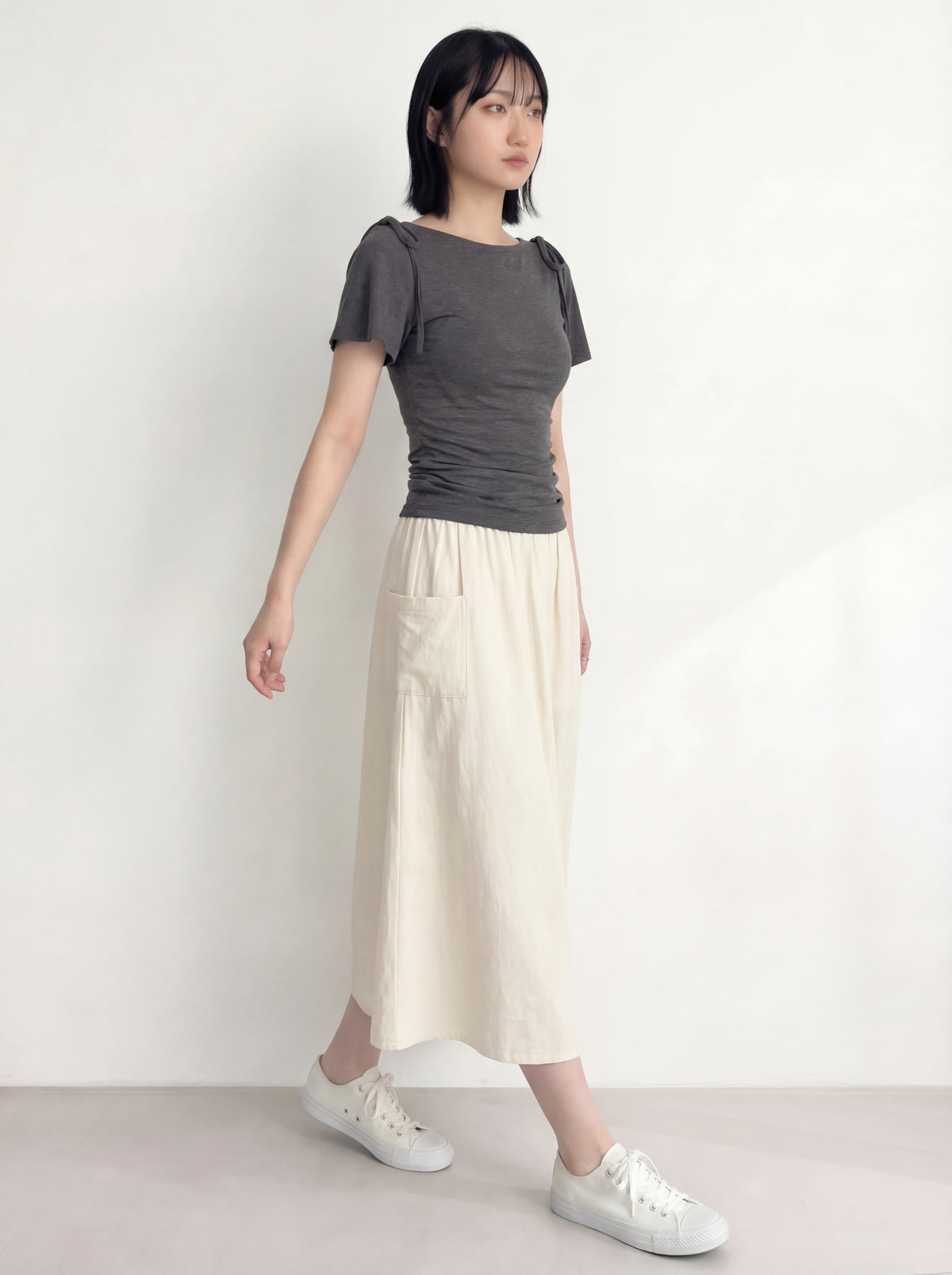 オフショル風ボートネック ウエストギャザー フリルフレアスリーブ 半袖Tシャツ