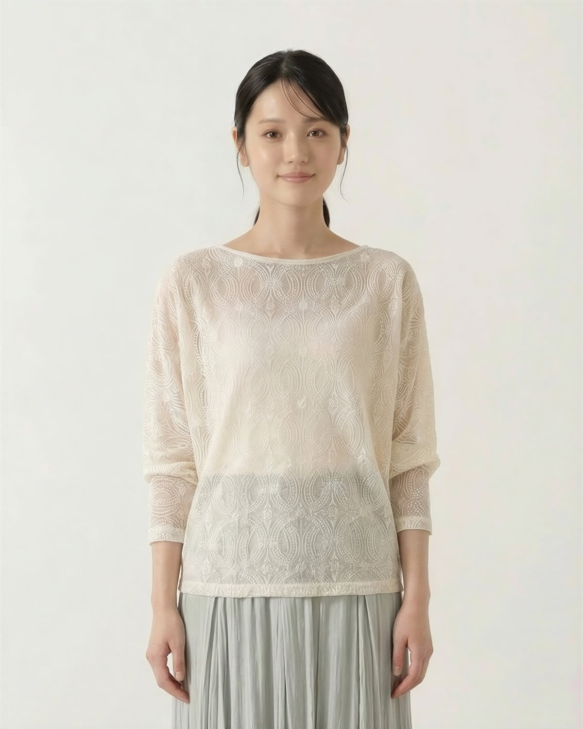 オートミールカラー ジャカード 透け感 ドルマンスリーブ 長袖Tシャツ