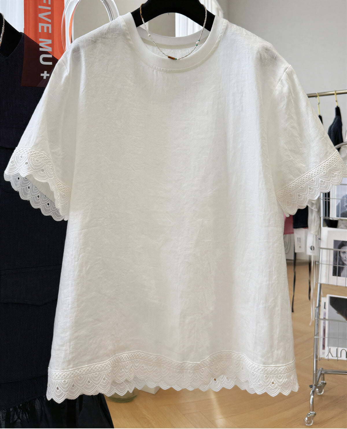 M-2XL カットワークレース ラウンドネック 半袖Tシャツ