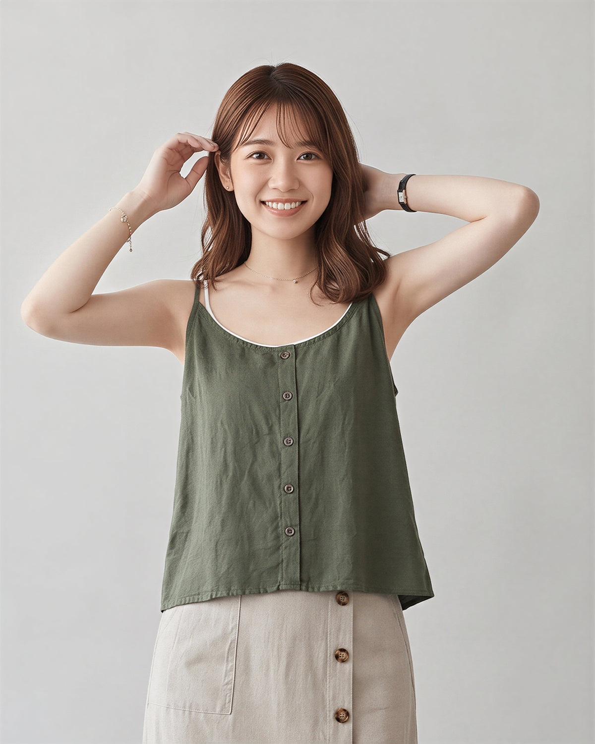 細ストラップ フロントボタン ゆったり キャミソールタンク