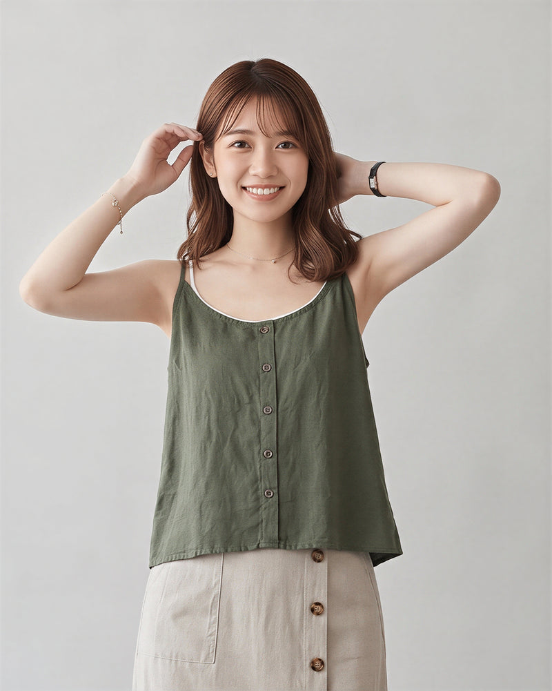 細ストラップ フロントボタン ゆったり キャミソールタンク