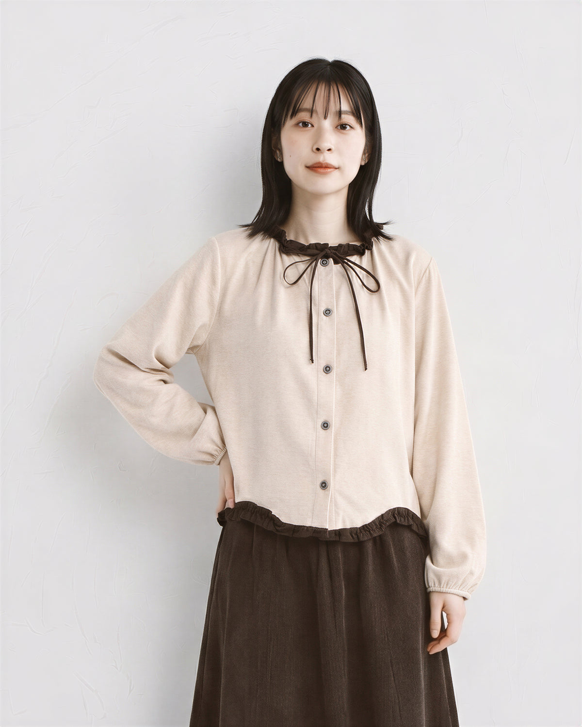 M~4XL フリル配色リボンブラウス