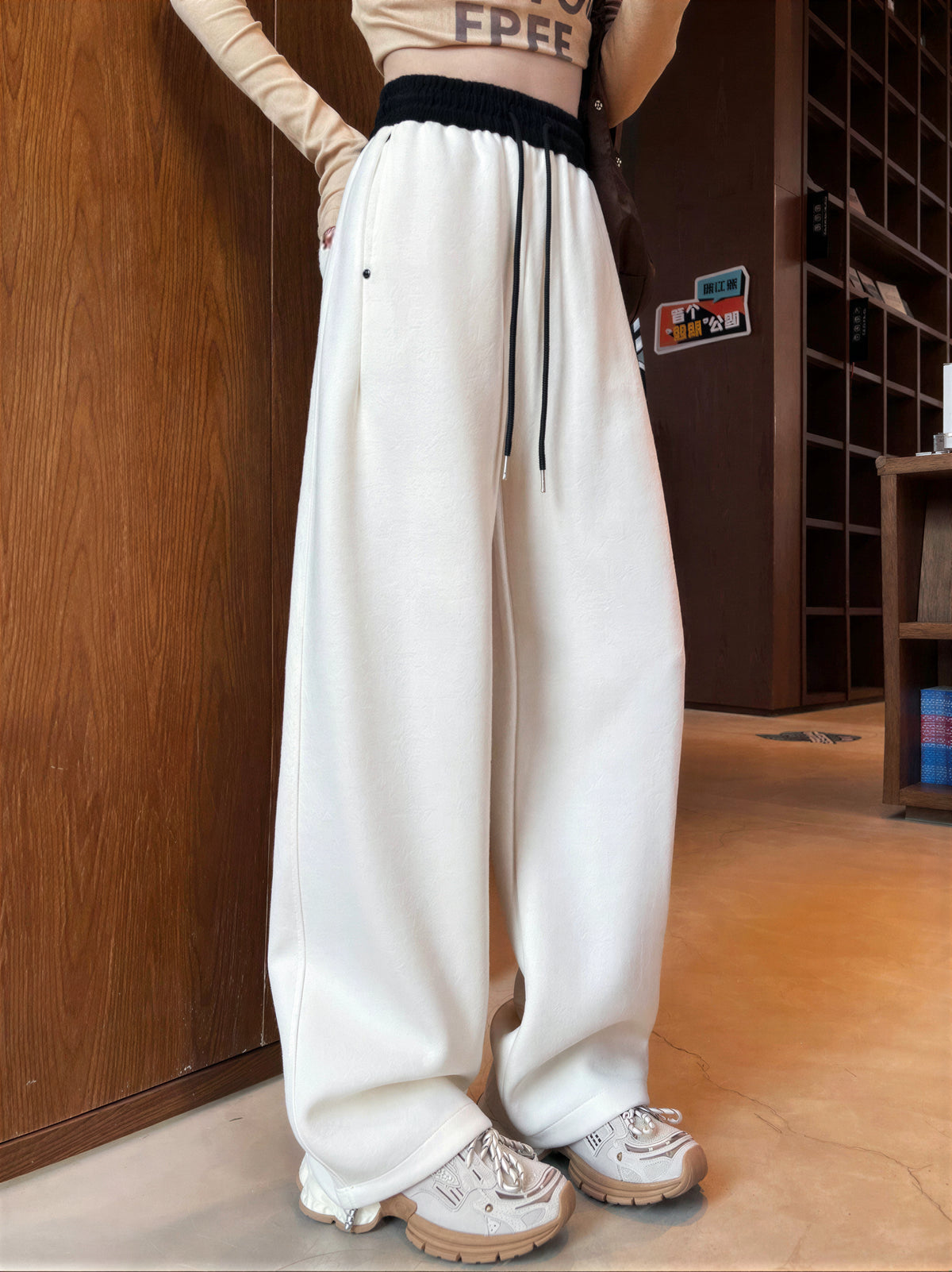 ハイウエスト ドローストリング ワイドスウェットパンツ-ベージュ-2XL