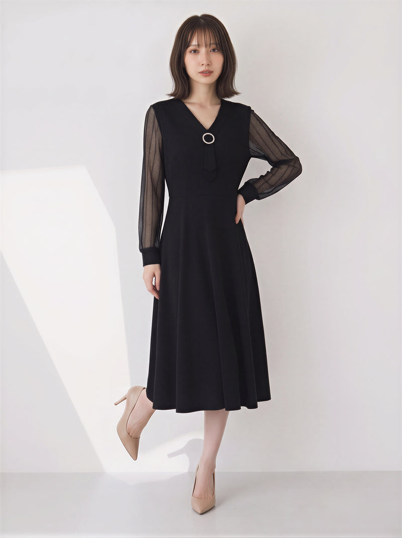 【秋新作】M~5XL Vネック ウエストマーク チュールスリーブ レースワンピース
