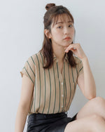 縦ストライプ 開襟カラー 半袖 シフォンブラウス
