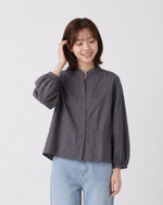 S~XL スタンドカラー ウエストシェイプ バルーンスリーブブラウス