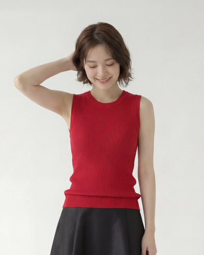 リブニット クルーネック ノースリーブ フィットタンクトップ