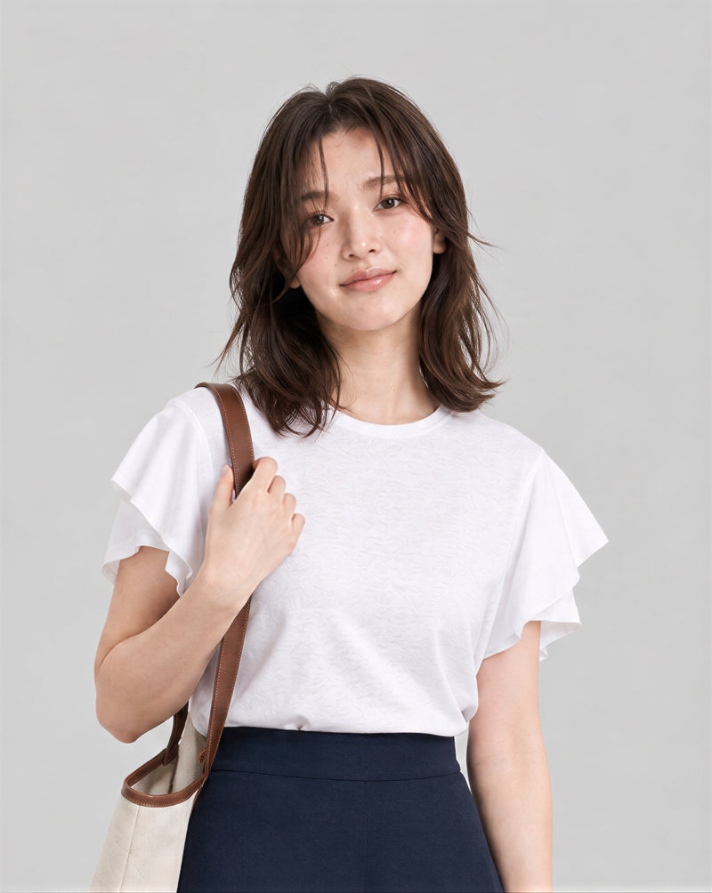 ラウンドネック フリルスリーブ ゆったりTシャツ