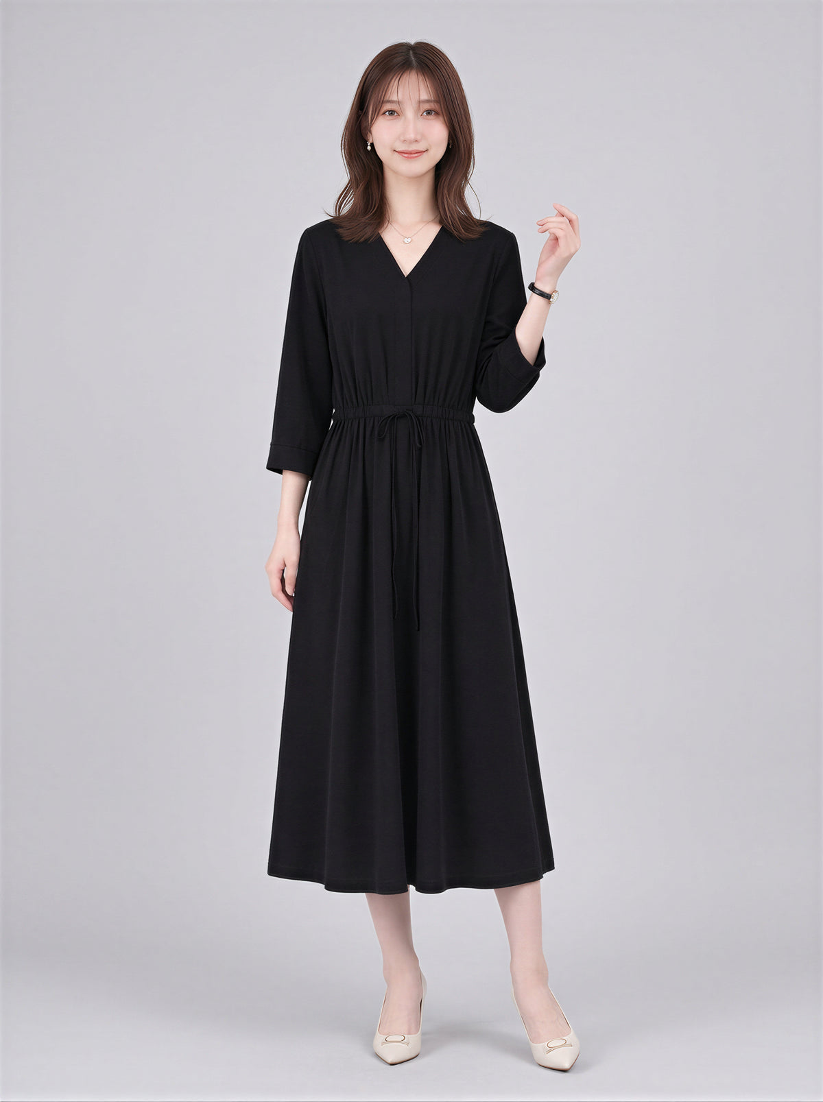 Vネック ウエストマーク ミモレ丈ワンピース-ブラック-2XL