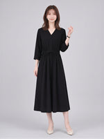 Vネック ウエストマーク ミモレ丈ワンピース-ブラック-2XL