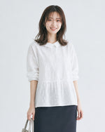M~2XL ホワイト 透かし柄 襟付き ゆったり長袖シャツ