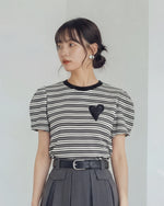 黒×白 細ボーダー ハートワッペン パフスリーブ 半袖Tシャツ