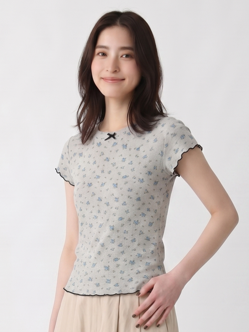 小花柄ジャカード リボンネック ニットTシャツ