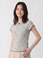 小花柄ジャカード リボンネック ニットTシャツ