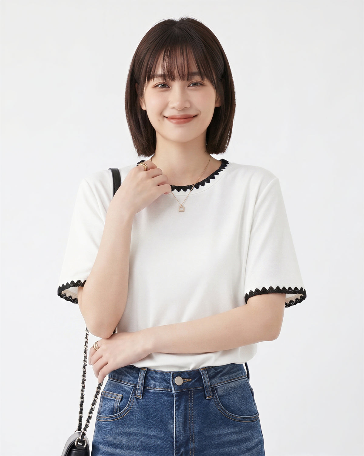 配色メロウフリル縁取り クルーネックTシャツ