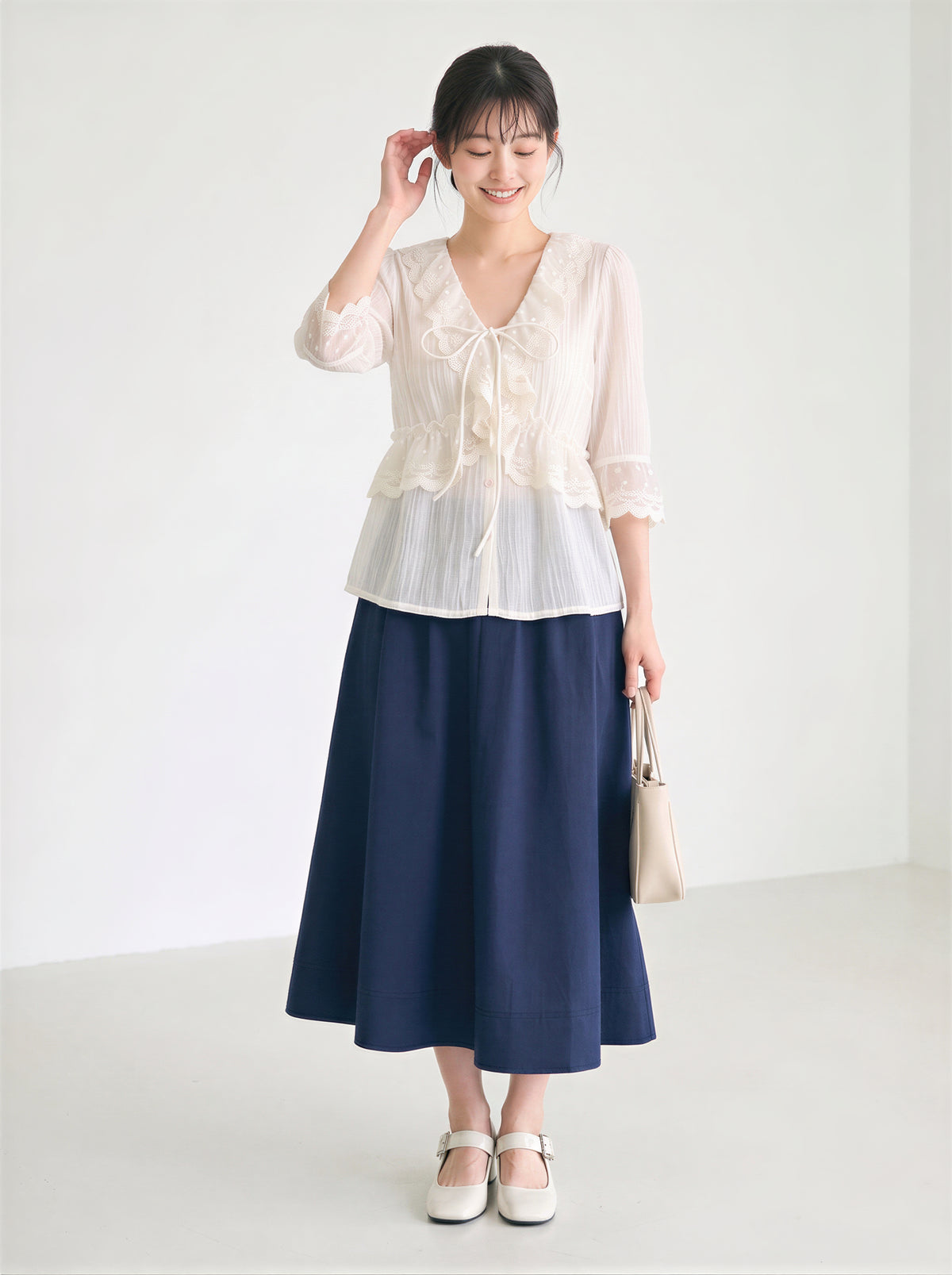 S~XL レースフリル リボンブラウス