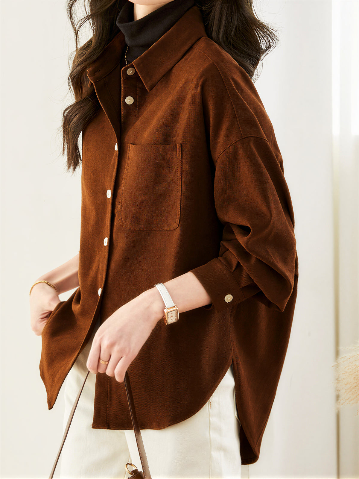ゆったりドロップショルダーシングルポケットシャツ-ブラウン-2XL