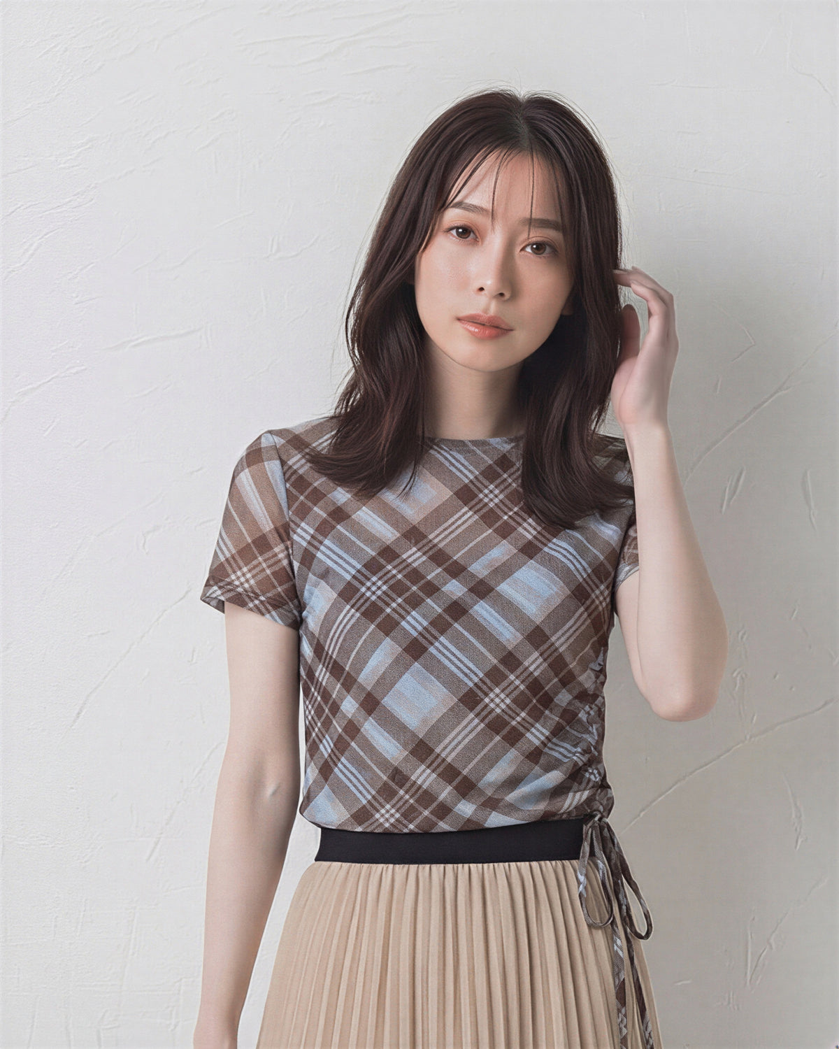 斜めチェック柄 アシンメトリーヘム ドロストウエスト 半袖Tシャツ