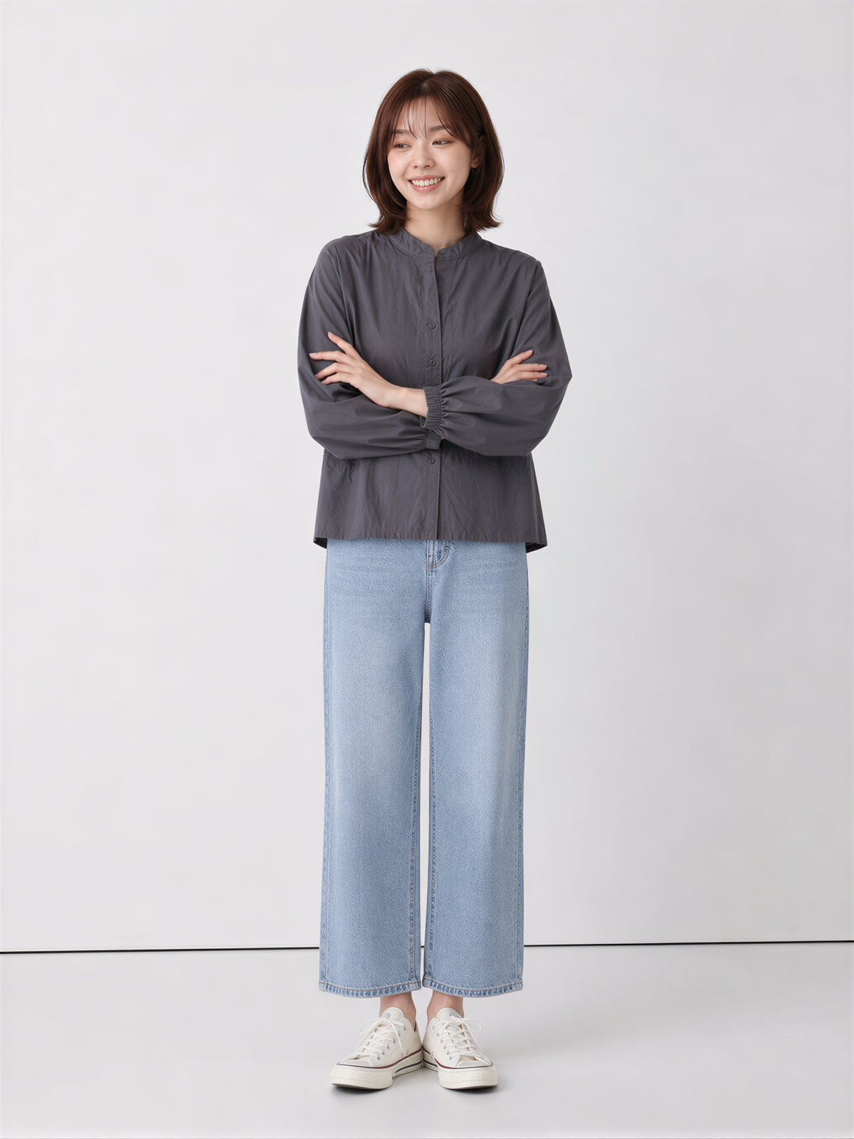 S~XL スタンドカラー ウエストシェイプ バルーンスリーブブラウス
