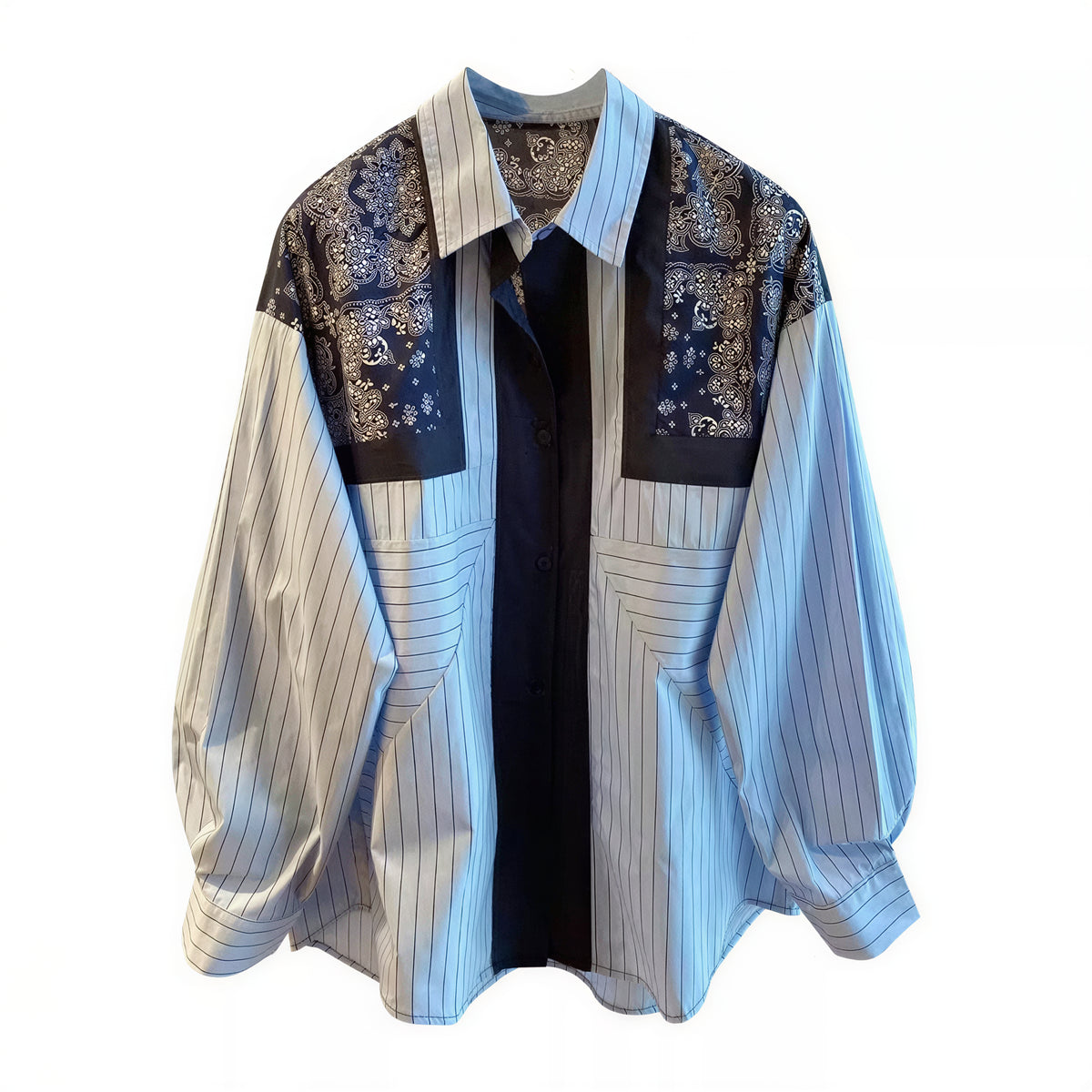 【秋新作】L~4XL 切り替えストライププリントシャツ