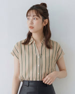 縦ストライプ 開襟カラー 半袖 シフォンブラウス-ライトベージュ X オリーブ-2XL