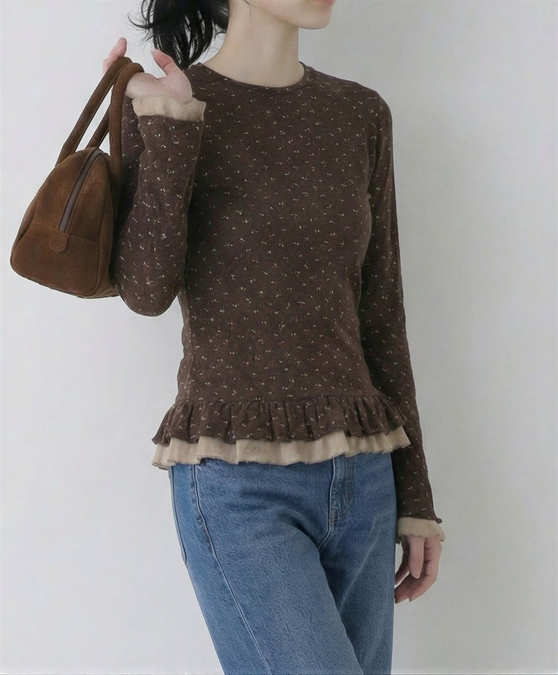 小花柄プリント フリルヘム切替 スリムフィット クルーネック 長袖Tシャツ
