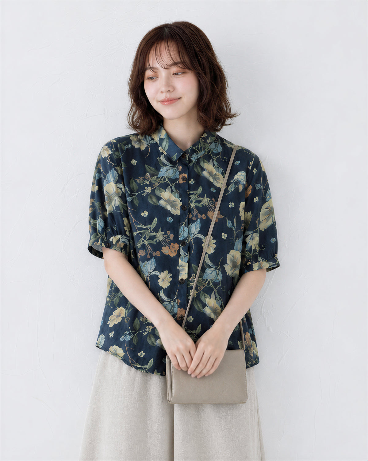 M~2XL レトロフラワープリント ブルーシャツ