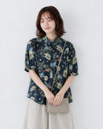 M~2XL レトロフラワープリント ブルーシャツ