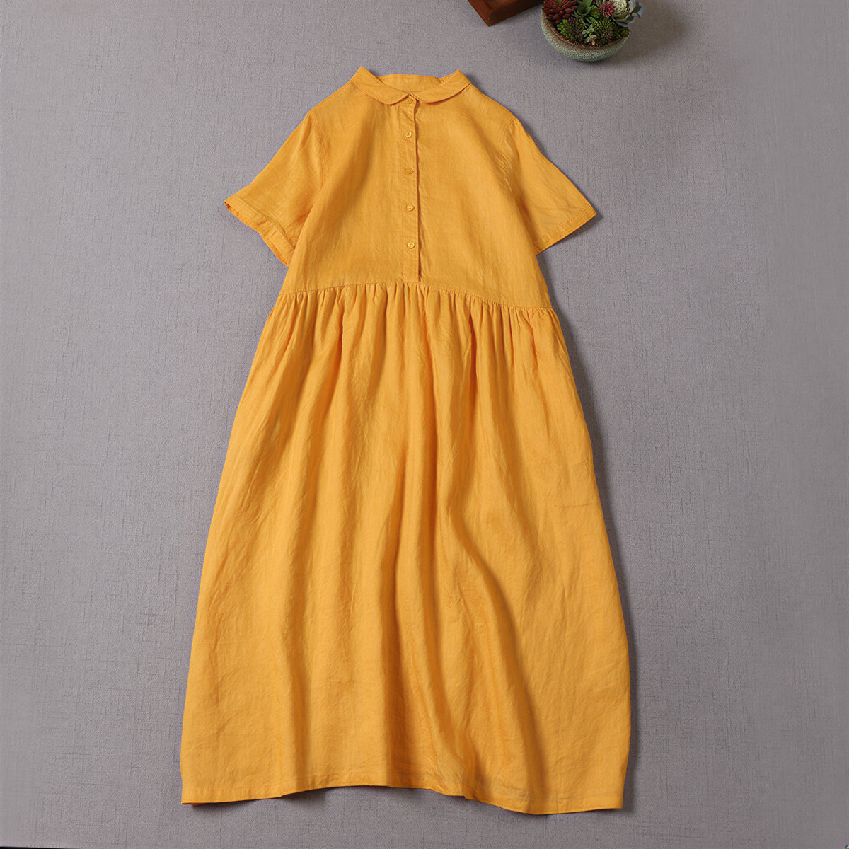 【全2色】M~2XL スタンドカラー 前ボタン ハイウエスト プリーツ ロングワンピース
