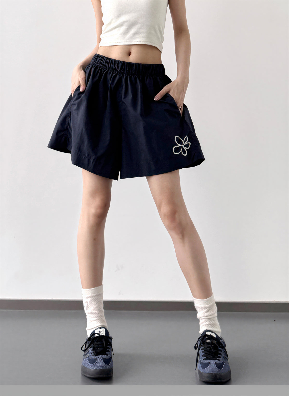 S-2XL ウエストゴム ハイウエスト 花柄プリント ワイドショートパンツ