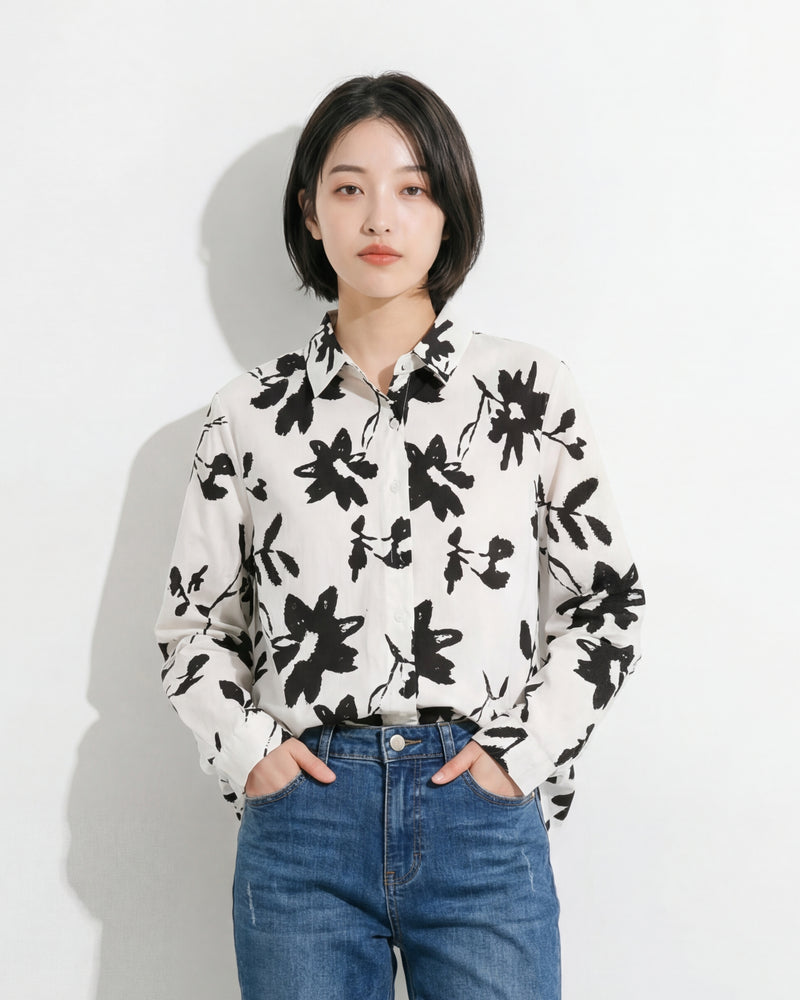 モノトーン花柄プリント ゆったりドロップショルダー シャツ-ホワイト-3XL