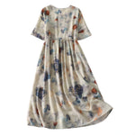 M~2XL ライトベージュ Vネック ウエストリボン 花柄ロングワンピース