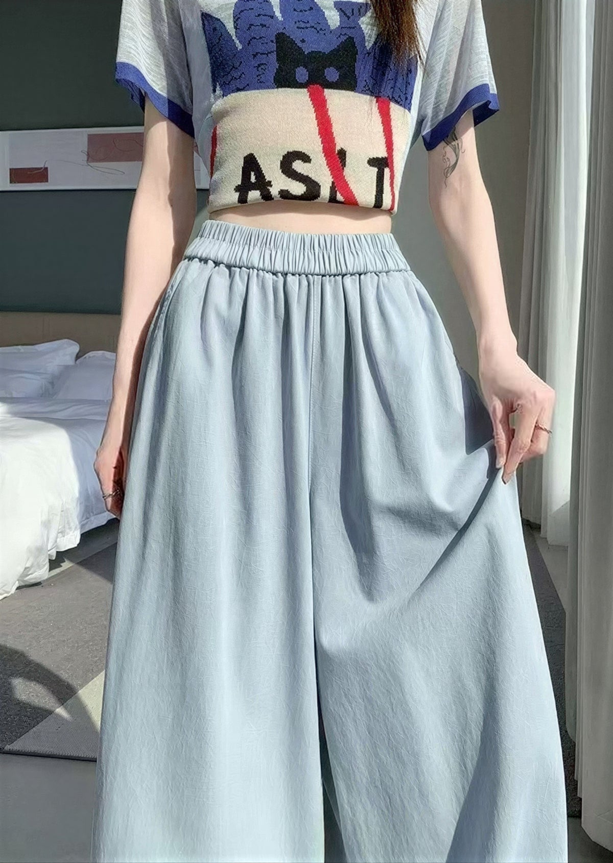 【全3色】M~3XL ウエストゴム ハイウエスト 刺繍バルーンパンツ