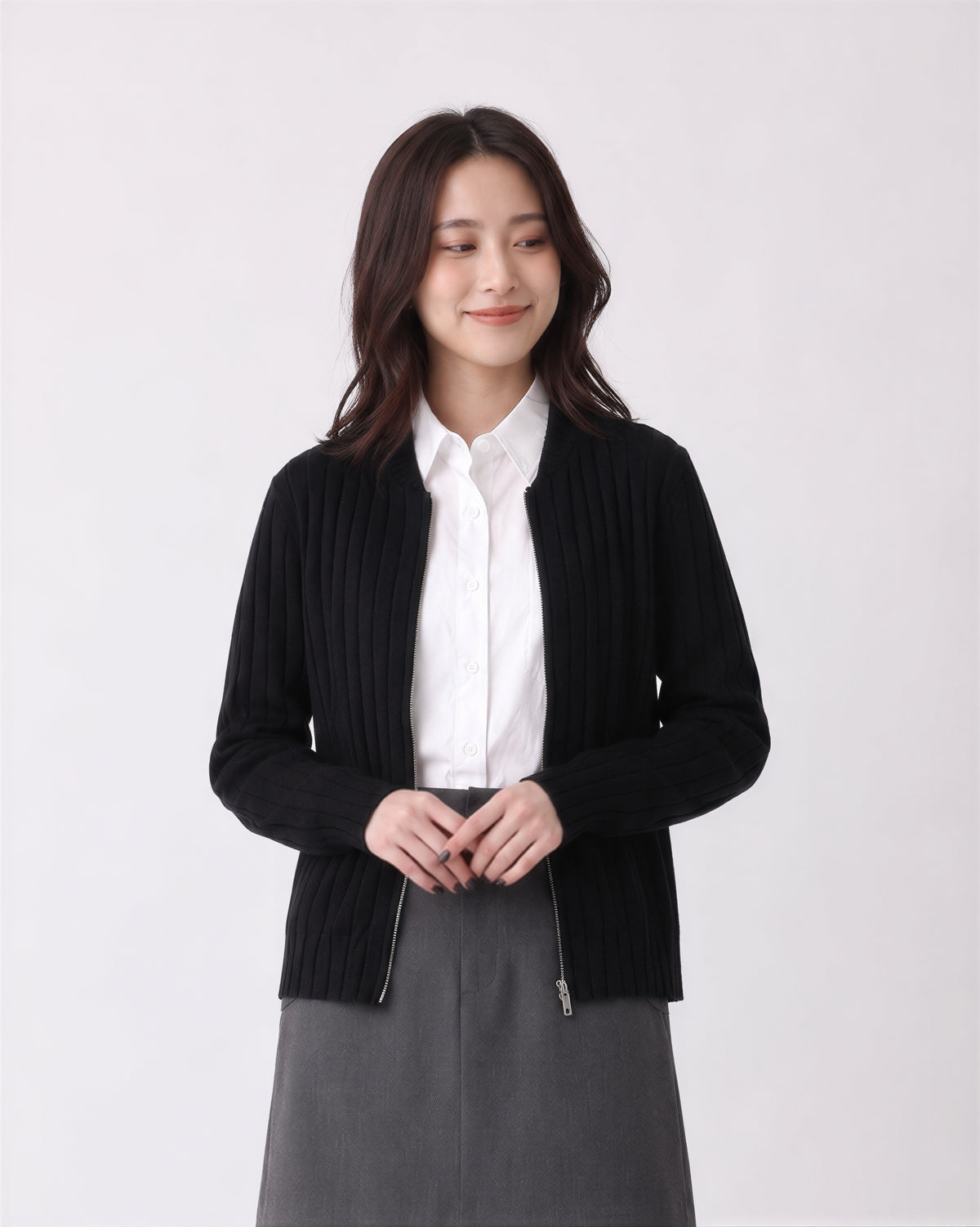 【秋新作】【全2色】S~2XL 縦リブ スリムフィット ショート丈 ニットカーディガン