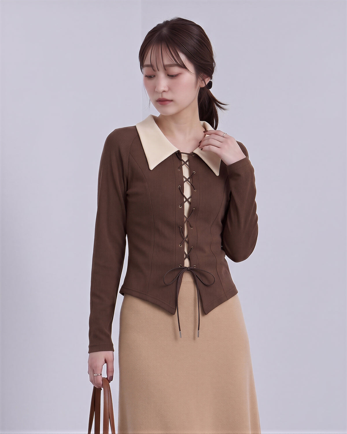 M~2XL 配色ビッグカラー ウエストマーク リボンニット