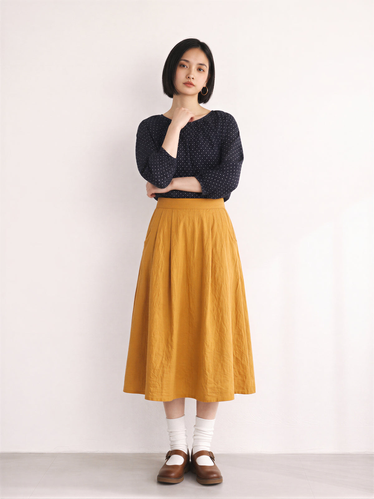M-2XL ネイビードット ギャザー入り ゆったりブラウスXL