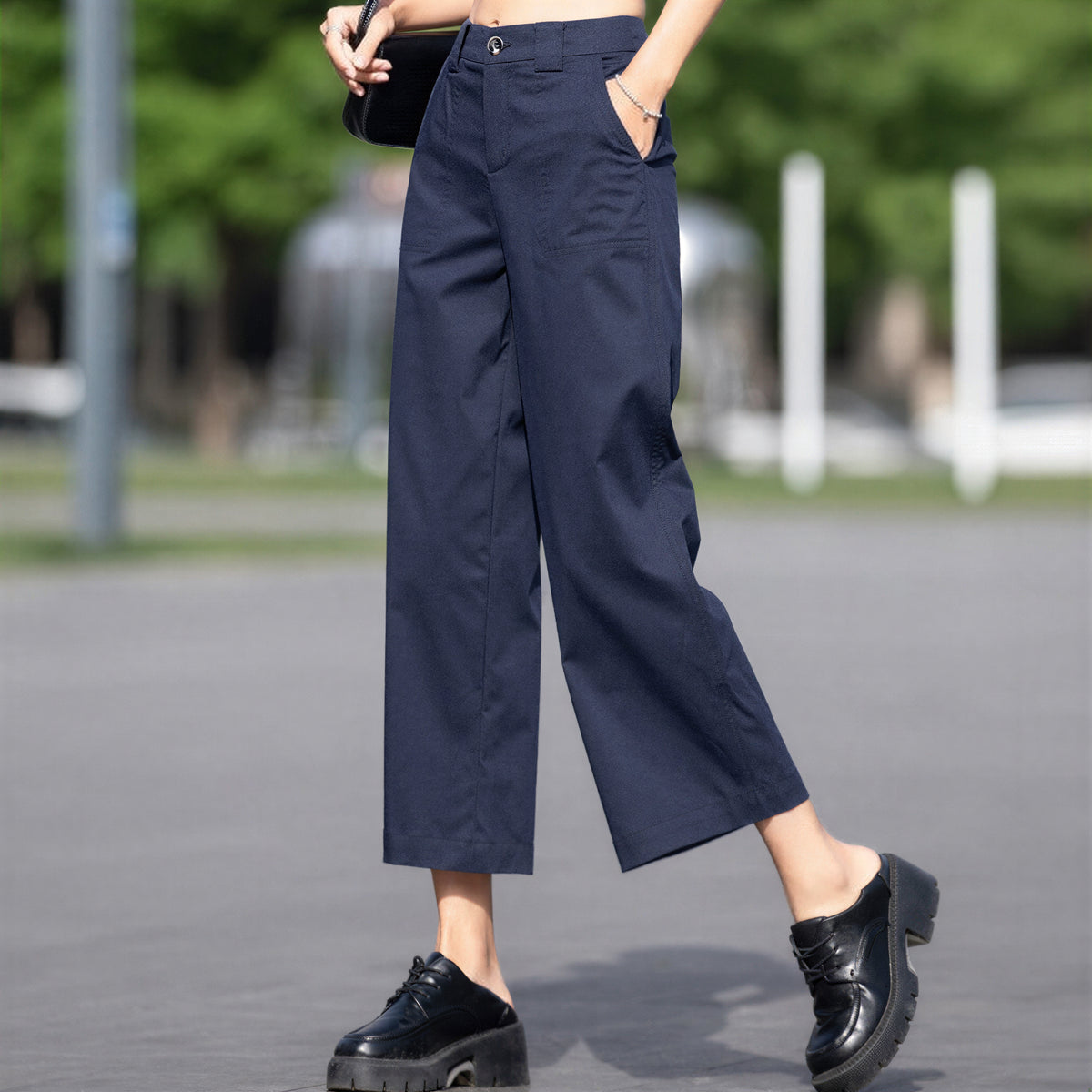 ハイウエストストレートワイドパンツ クロップド丈 リラックスフィット コットン-ダークネイビー-4XL