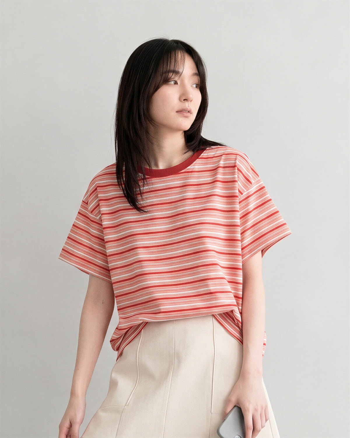 レッドボーダー ルーズ ドロップショルダーTシャツ