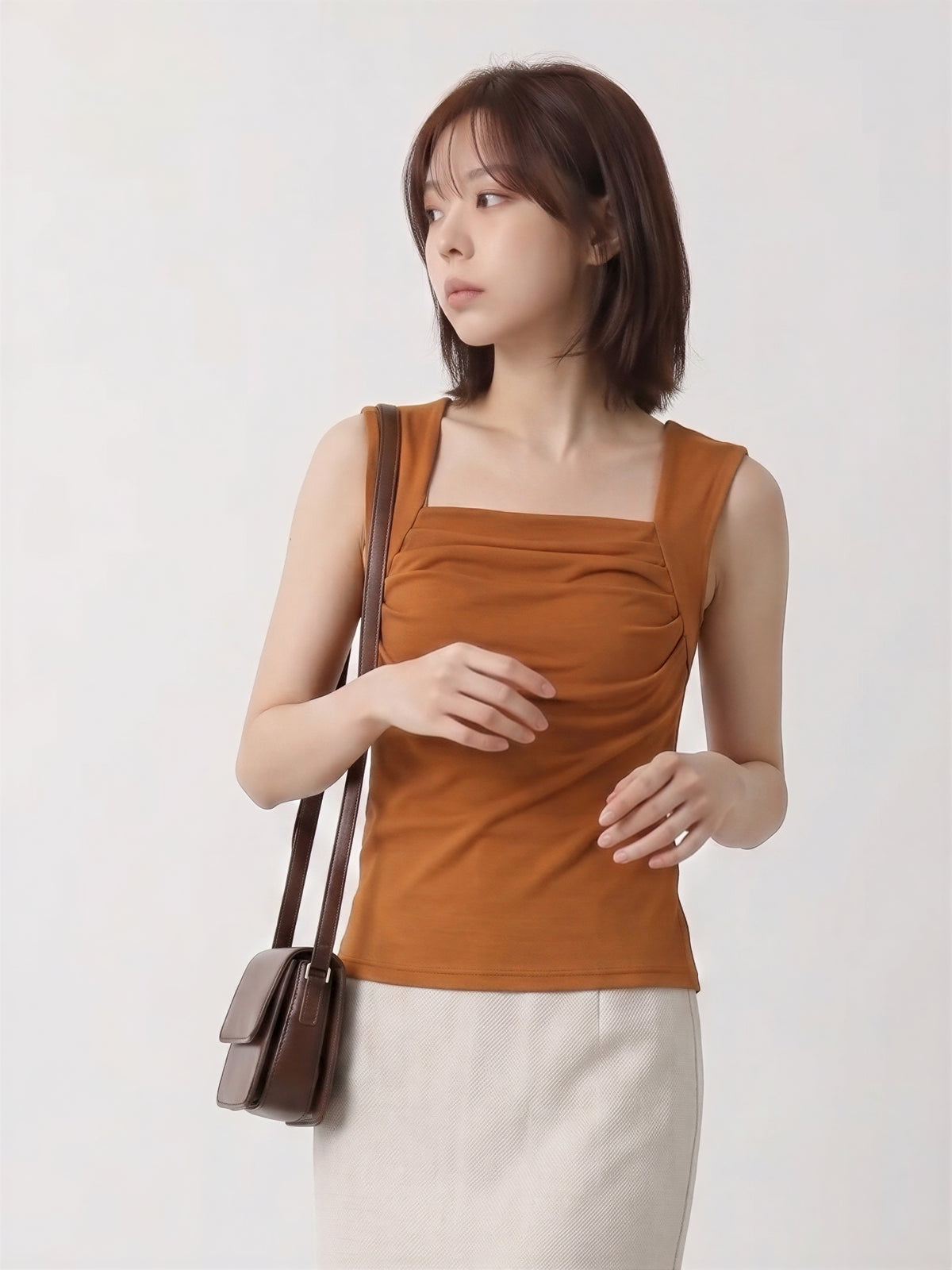 スクエアネック ギャザー入り スリムフィット キャミソールタンク-オレンジ-5XL