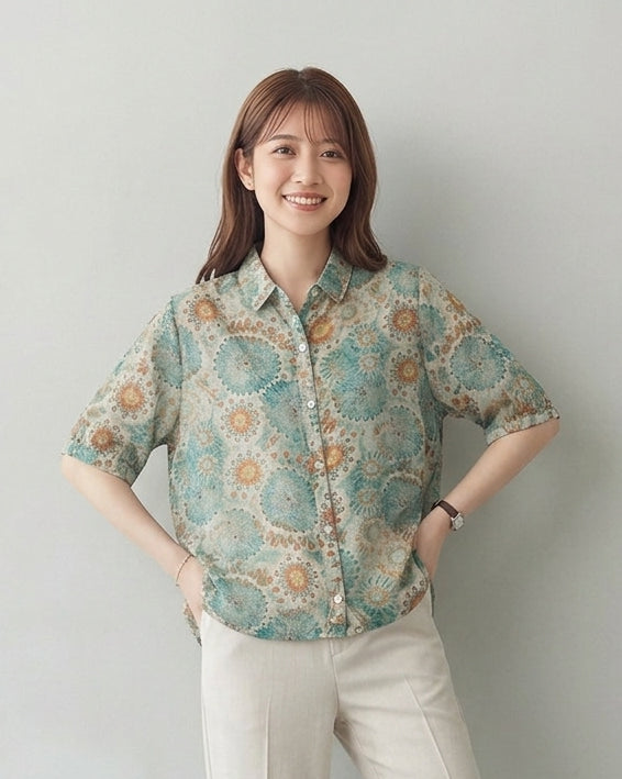 M~2XL ブルー×オレンジプリント ルーズフィット 開襟シャツ
